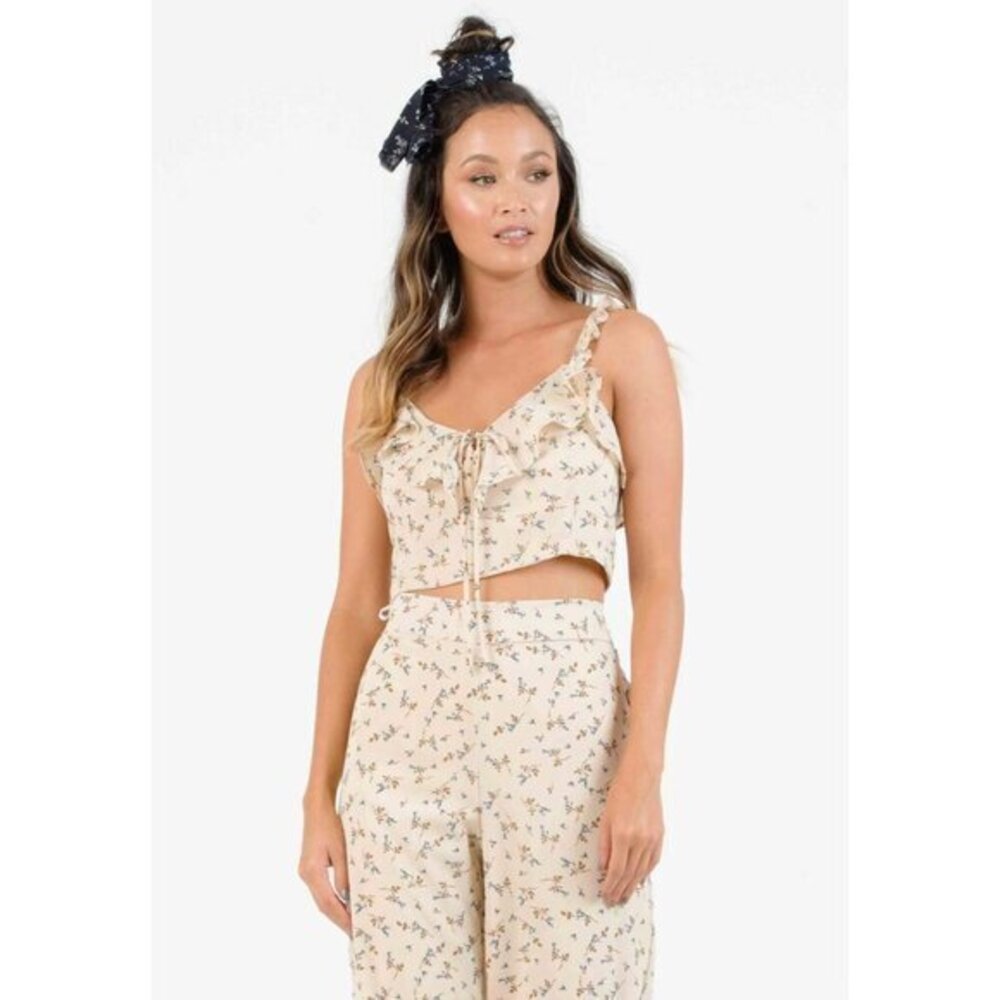 Lucca Couture Crop Top Ruffle Strap Tan Floral Print Blouse Boho SZ L NWT